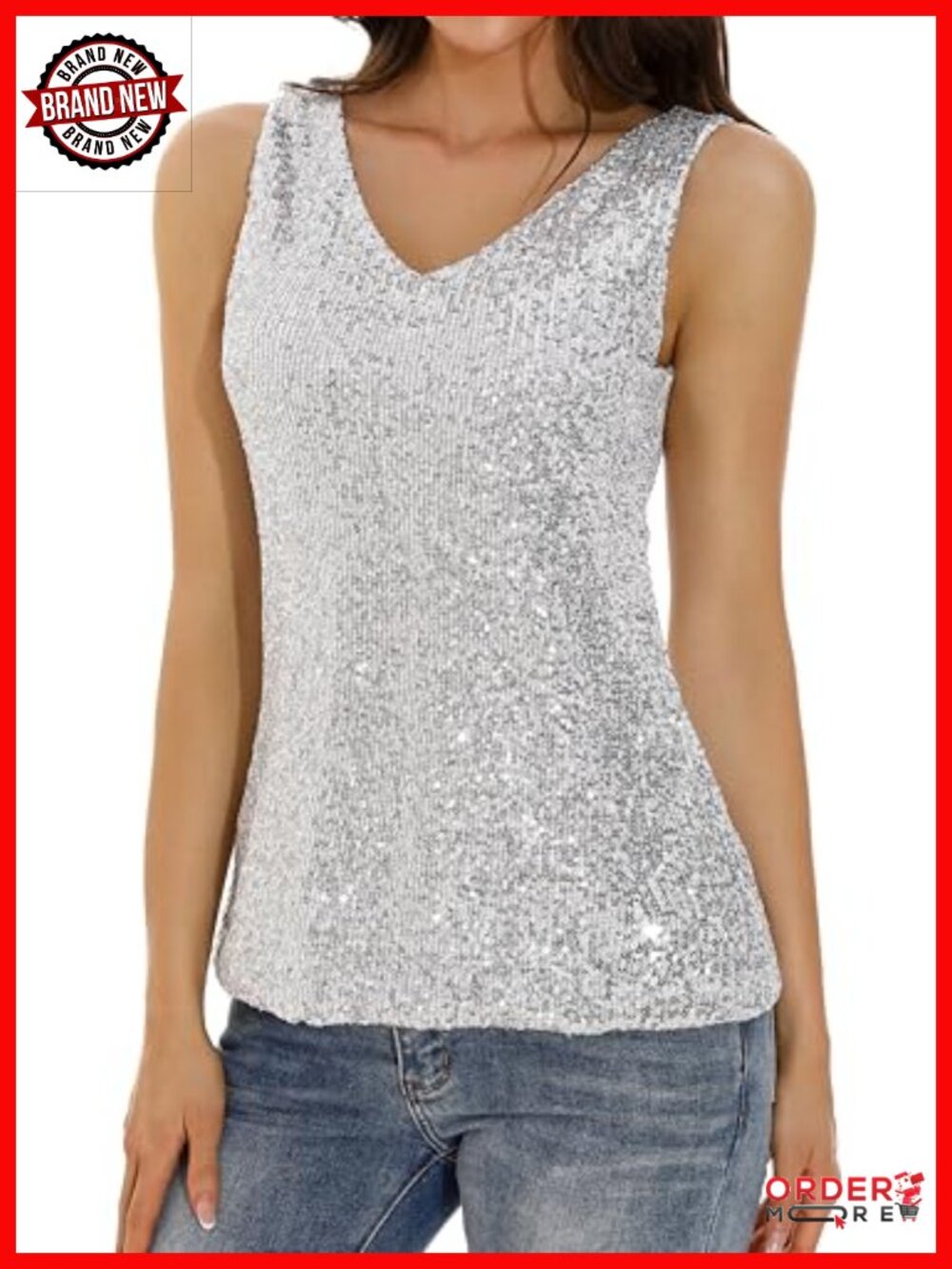 Sequin Tank Top V-Neck Sleeveless Sparkly Dressy Blouse Loose Fit Glitter Party